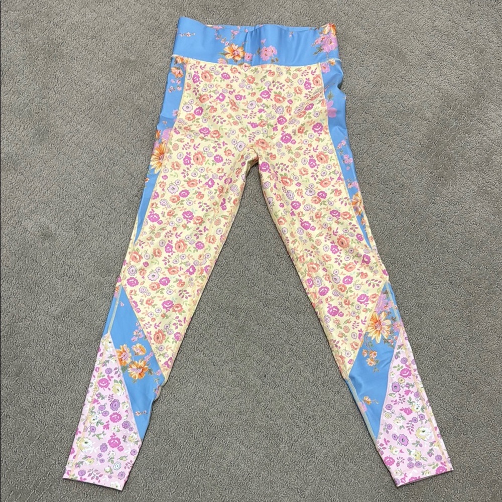 LoveShackFancy by Bandier Blue and Pink Leggings with Geometric Panels